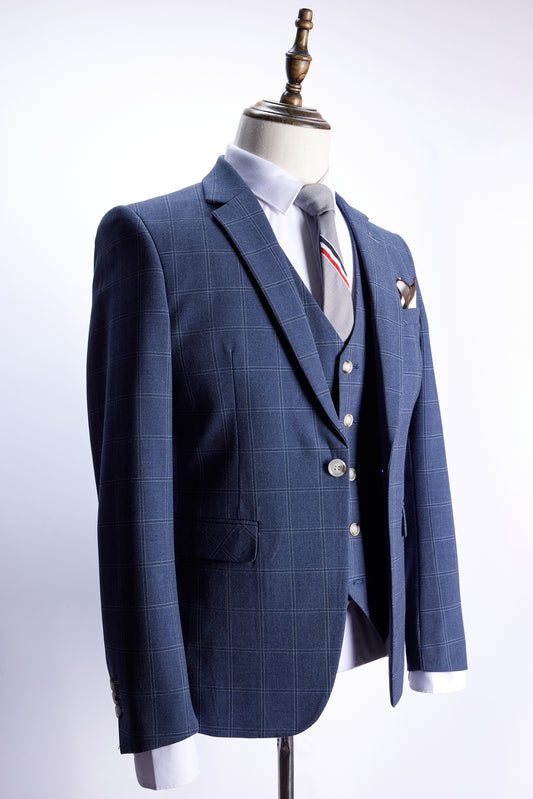 牛藍色格仔西裝 UY-A38
